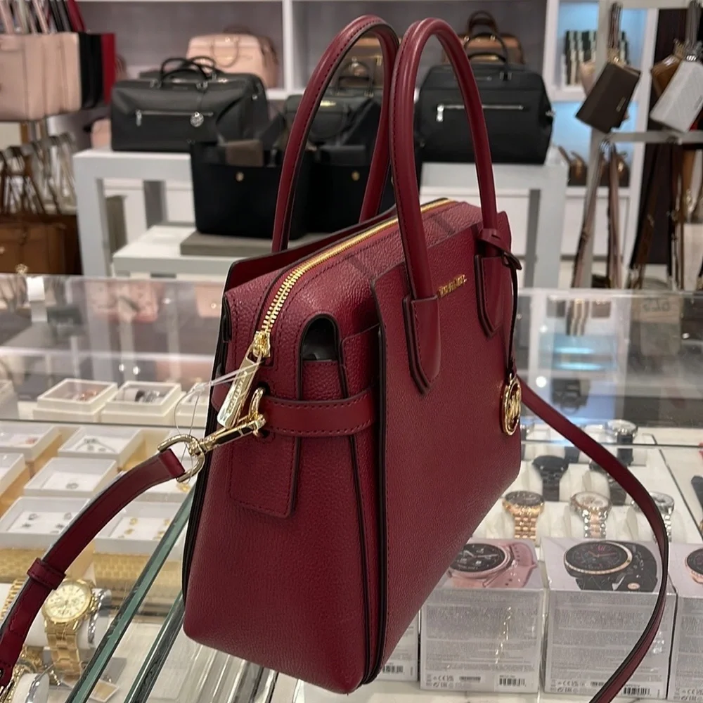 MICHAEL KORS Mercer Medium Two-Tone Pebbled Leather Belted Satchel Mulberry